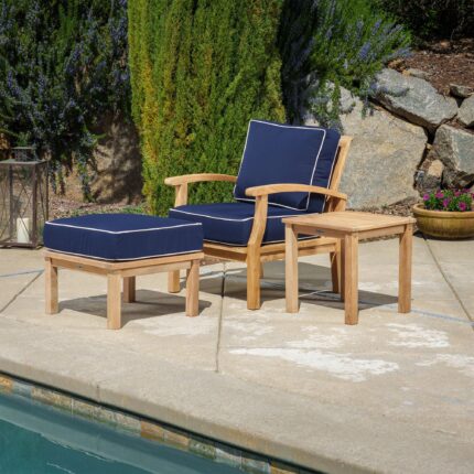 3pc Indonesian Teak Club Chair Set, Sunbrella Navy (With Ottoman & Side Table)