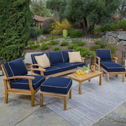 6pc Indonesian Teak Sofa Set with Coffee Table, 2 ottomans, Sunbrella Navy