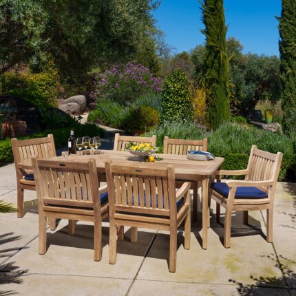 7pc Indonesian Teak Dining Set with Sunbrella Cushions, Canvas Navy